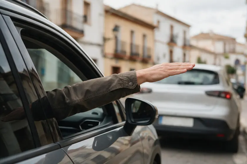 Conductor señalizando una maniobra con el brazo por la ventanilla