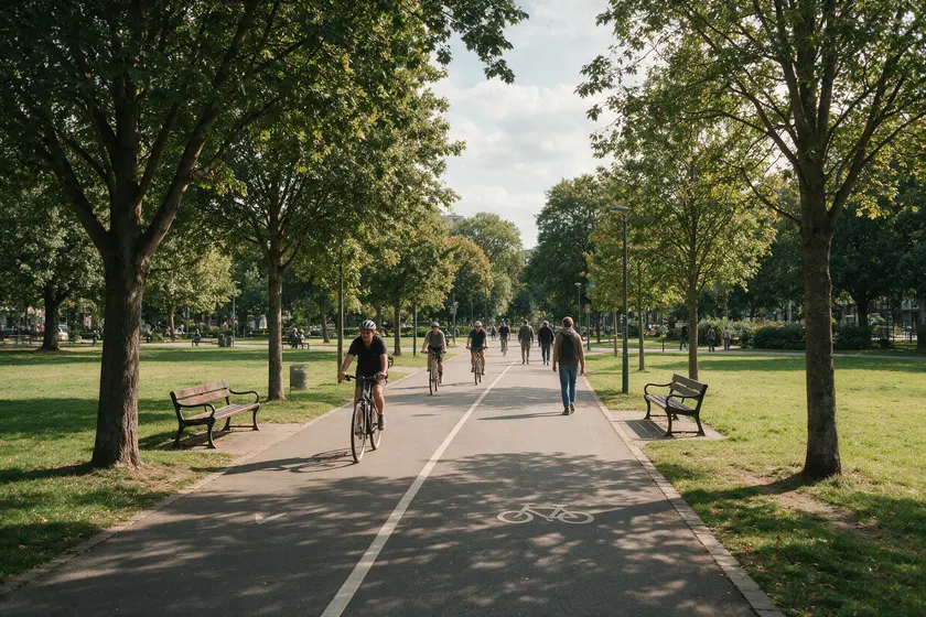 Senda ciclable para peatones y ciclos a través de un parque