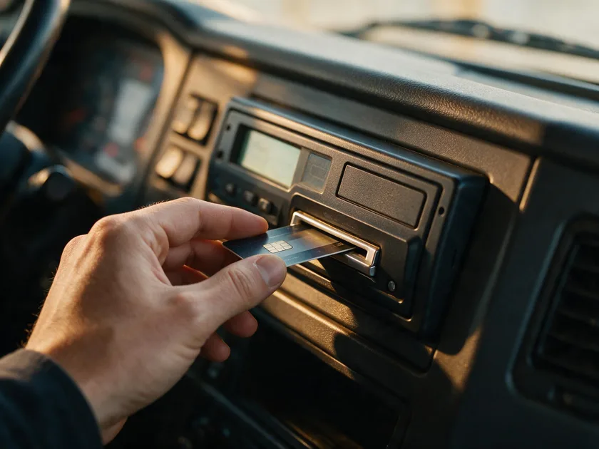 Mano insertando la tarjeta de conductor en la ranura del tacógrafo digital