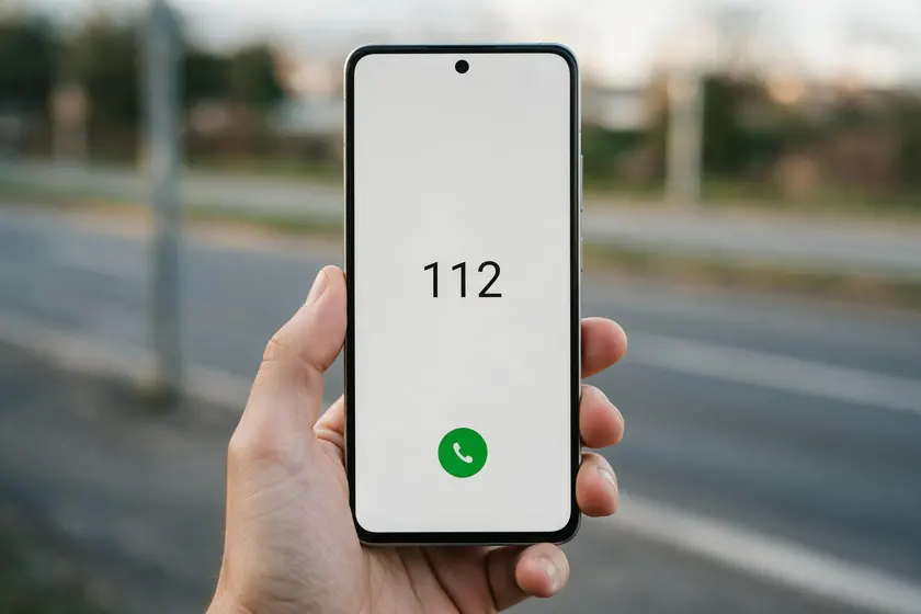 Teléfono móvil con el número de emergencias 112 marcado