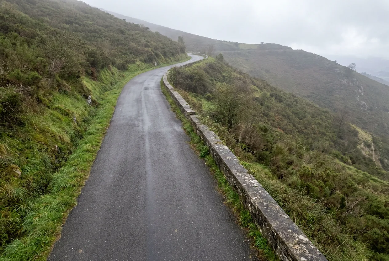 Carretera de un solo carril en una ladera con pendiente, demasiado estrecha para que se crucen dos vehículos, sin ningún vehículo ni señal a la vista