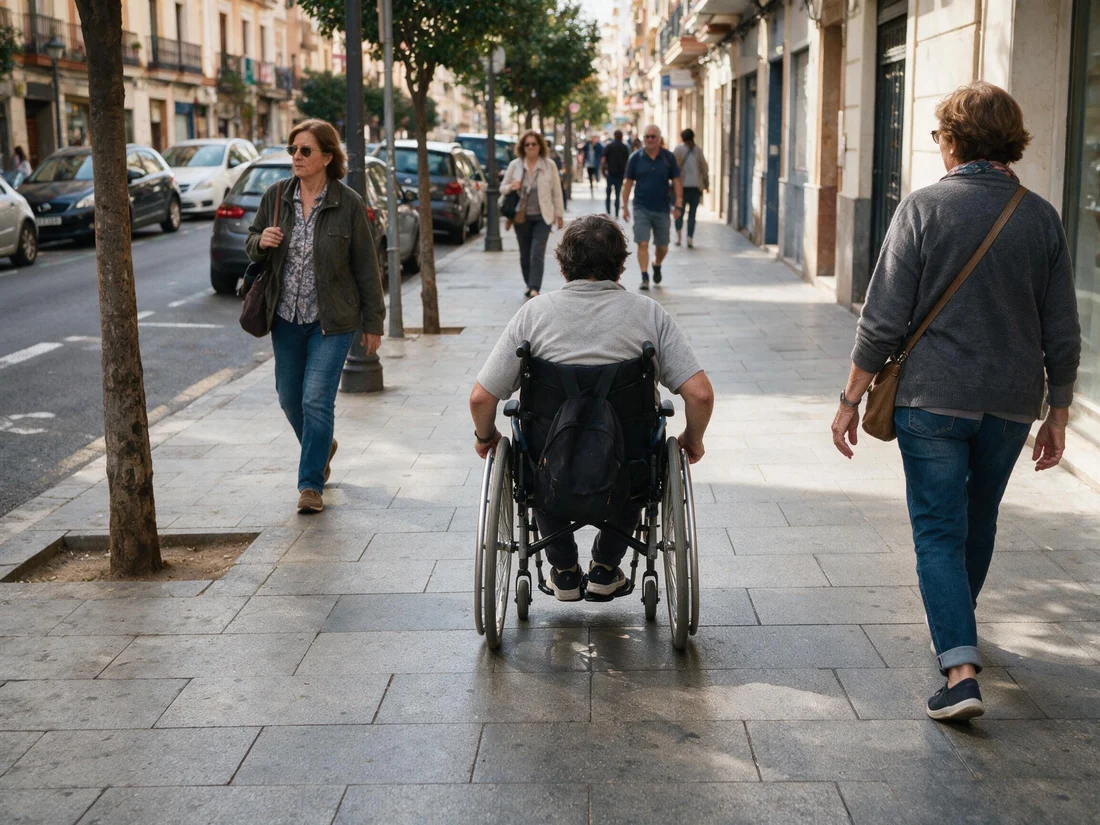 Persona en silla de ruedas circulando por la acera, junto a otros peatones