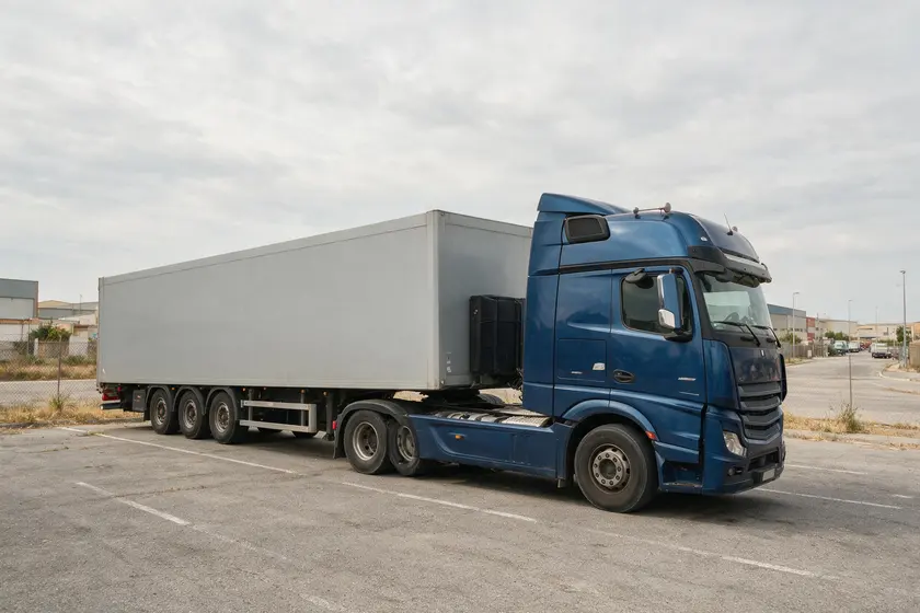 Vehículo articulado: tractocamión con su semirremolque acoplado, visto de lado