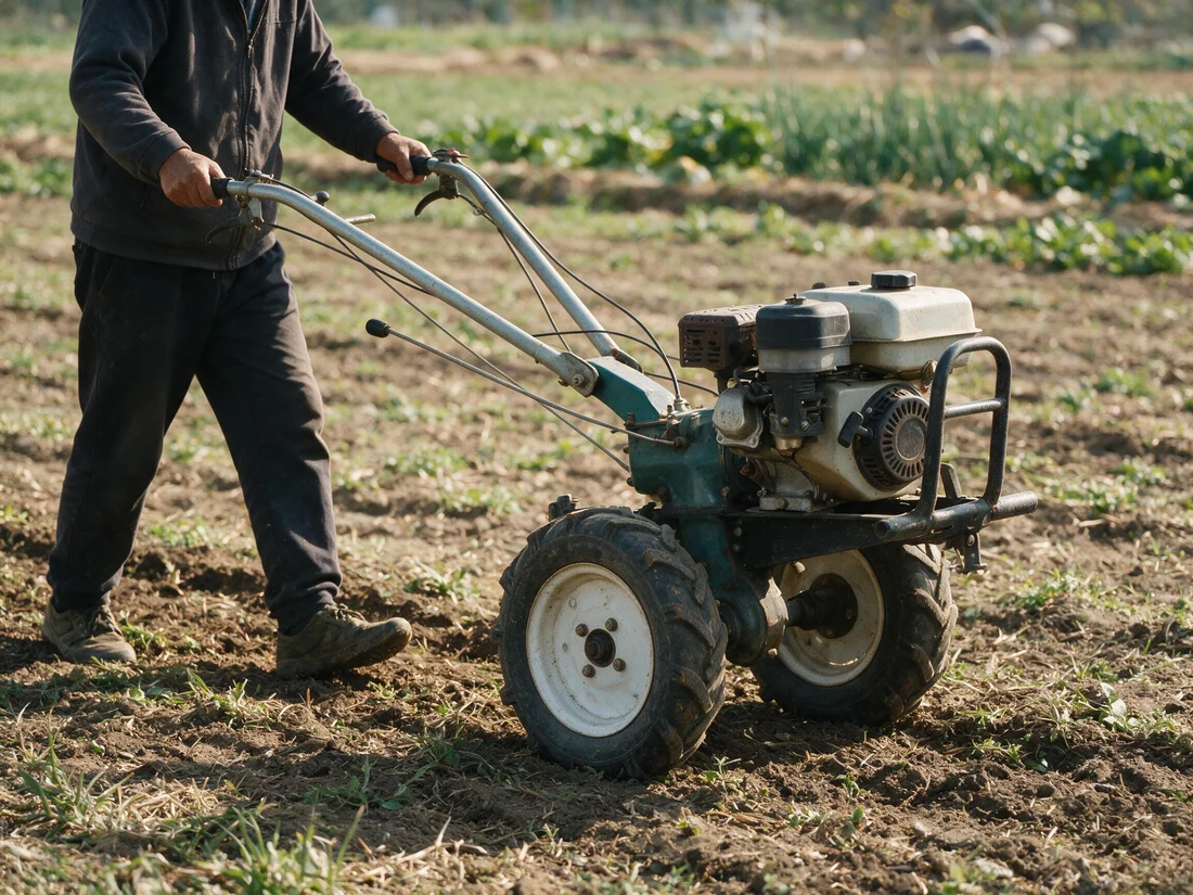 Motocultor: máquina agrícola de un solo eje que se dirige a pie mediante dos manceras