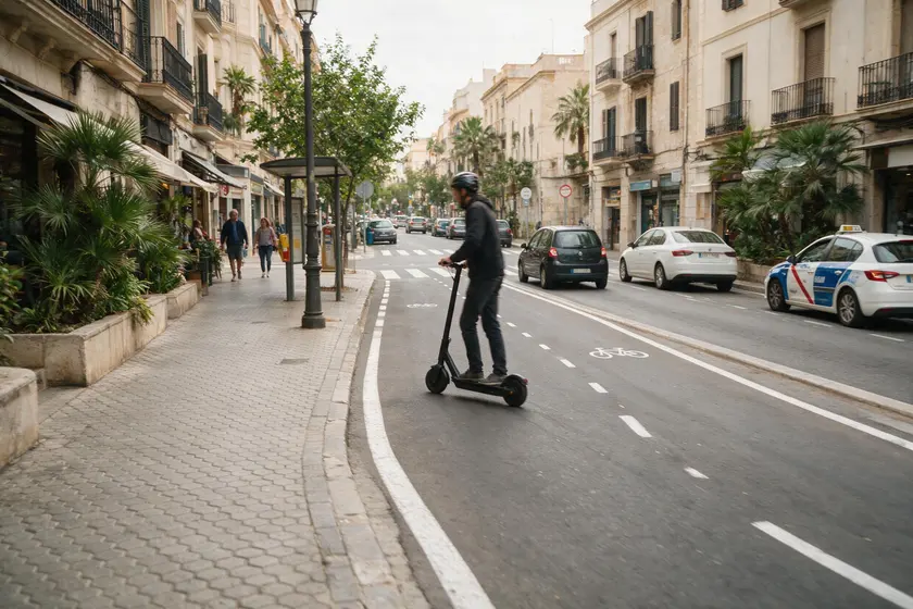 Persona circulando en patinete eléctrico por un carril bici de una calle urbana