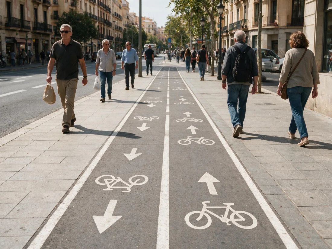 Acera-bici: carril para bicicletas señalizado sobre la propia acera, junto a la zona de peatones