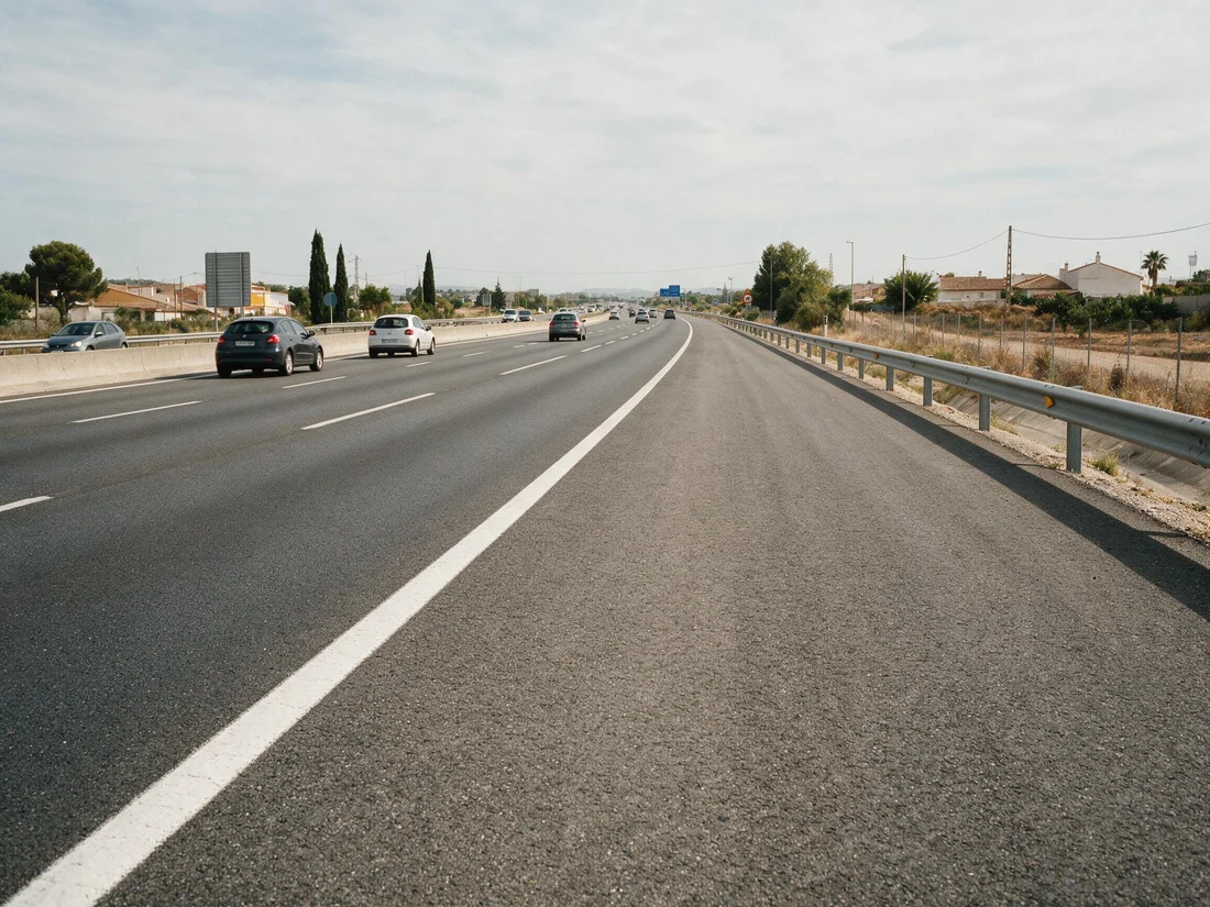 Arcén de una autovía, ancho y delimitado por una línea continua, con el tráfico circulando por los carriles