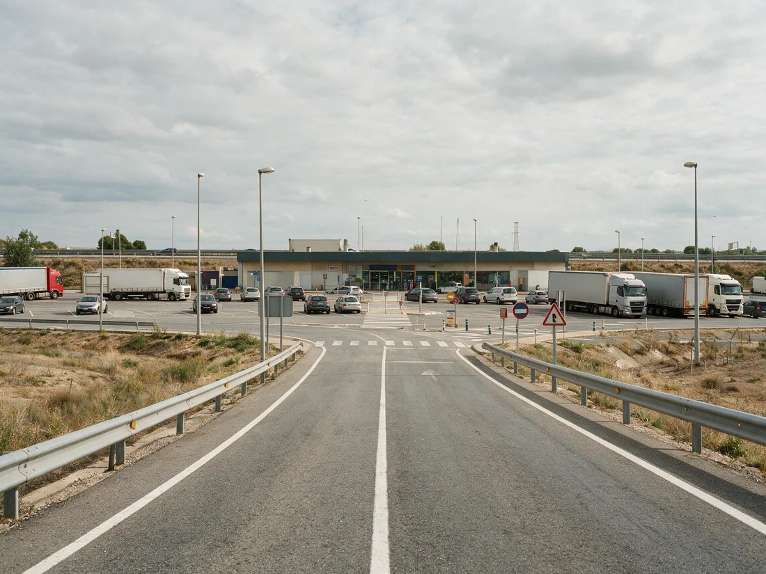 Área de servicio de una autopista, con su acceso propio, aparcamiento y edificio de servicios