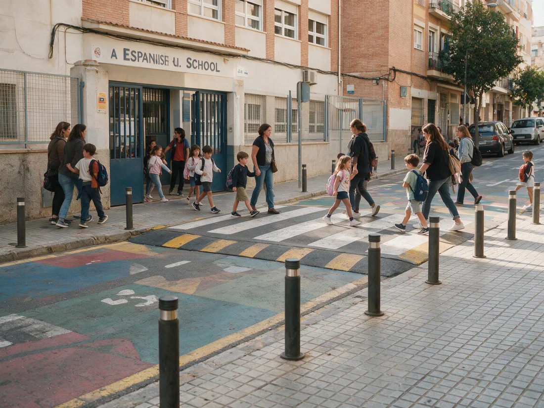 Entorno escolar con la calzada elevada, el pavimento pintado y la velocidad reducida junto a la puerta del colegio