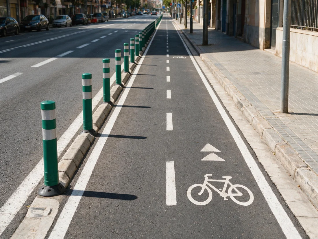 Carril bici protegido, separado de la calzada y de la acera por bordillos y elementos laterales