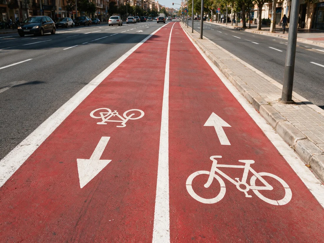 Carril bici pintado sobre la calzada, adosado al tráfico y separado solo por una línea