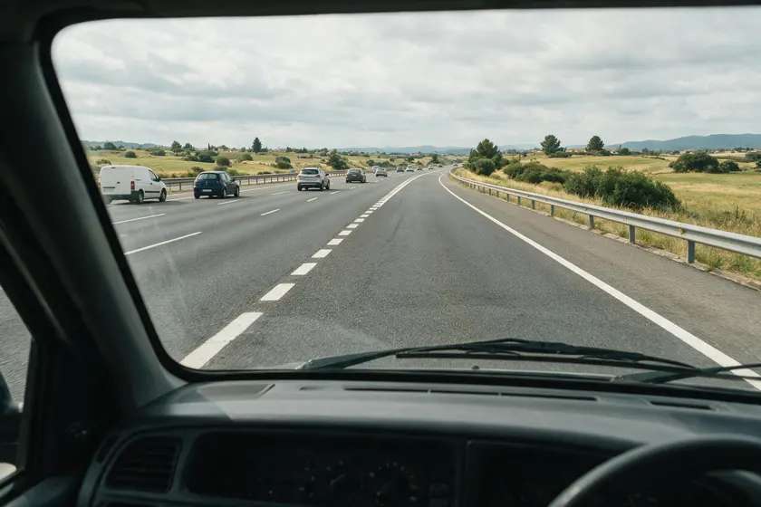 Carril de aceleración de una autovía que se une a la calzada principal, visto desde el puesto del conductor