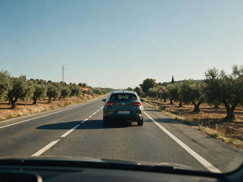 Carretera convencional vista desde el puesto del conductor: un carril por sentido separados por línea discontinua, entre olivares