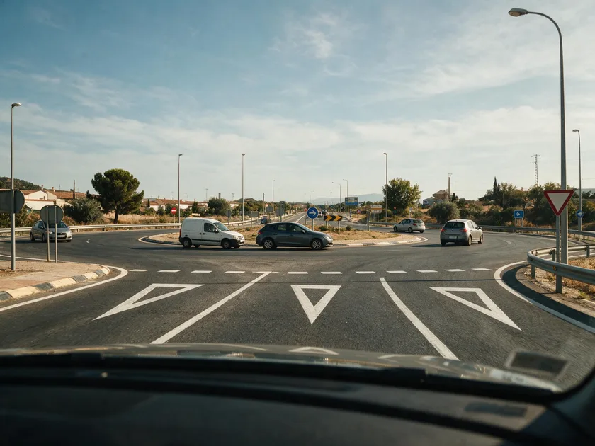 Glorieta vista desde el puesto del conductor, con los triángulos de ceda el paso pintados y vehículos circulando dentro