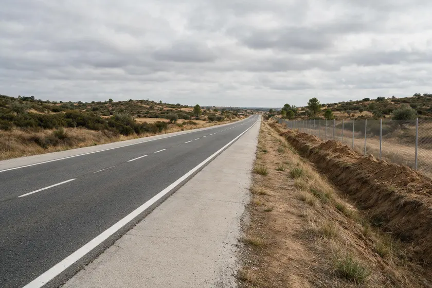 Carretera vista desde el borde: calzada, línea de borde, arcén pavimentado, berma y cuneta