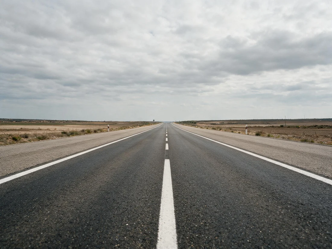 Carretera vista de frente donde se distinguen con claridad la calzada y los arcenes a ambos lados