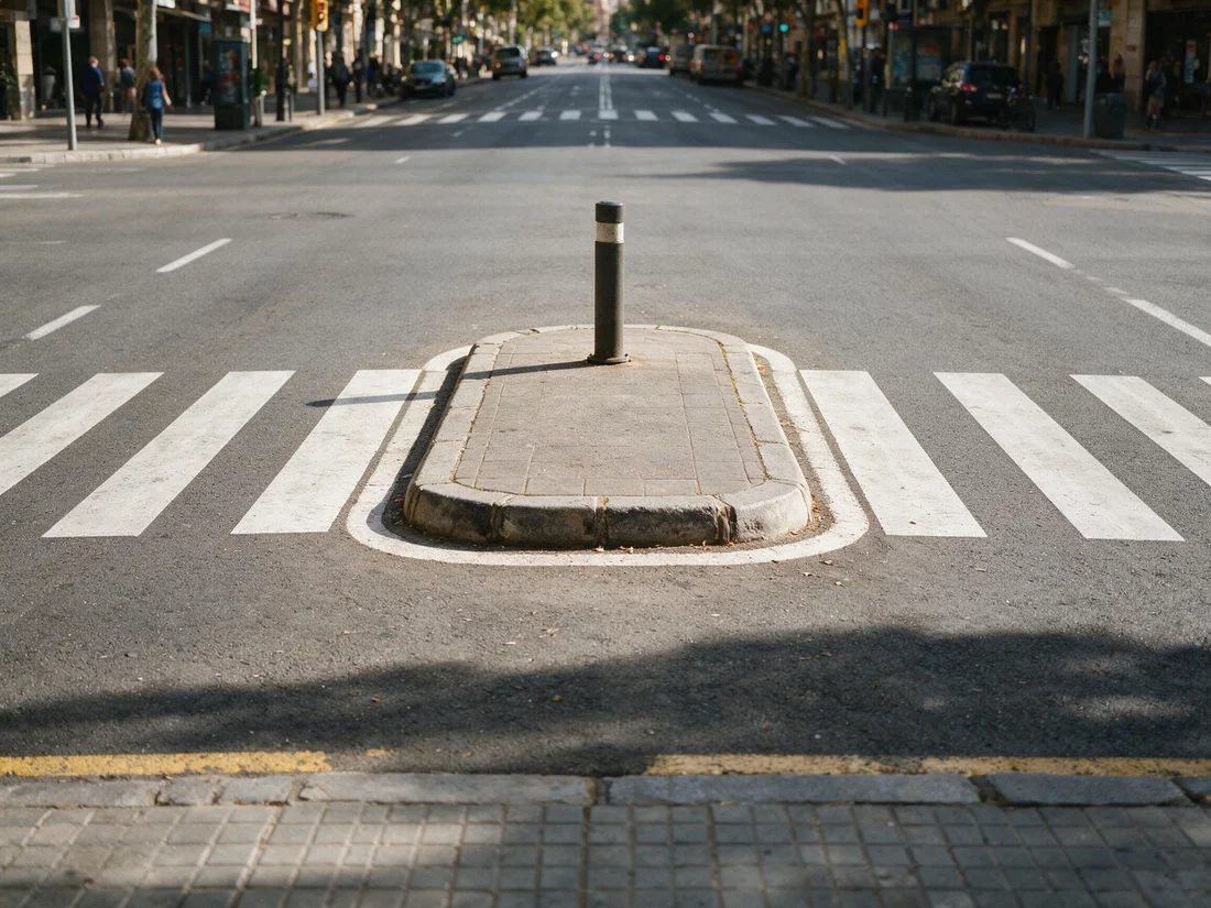 Isleta peatonal elevada en el centro de la calzada, protegida del tráfico, en mitad de un paso de peatones