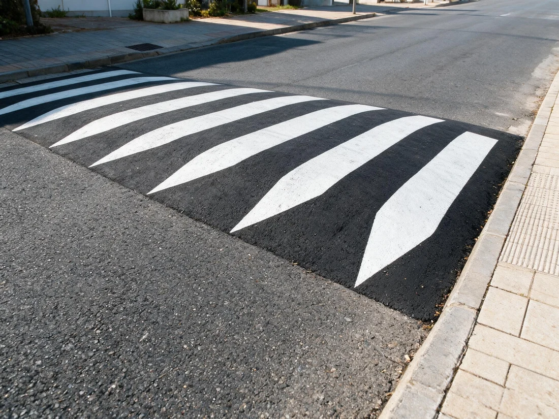 Paso de peatones elevado sobre un resalto de la calzada, con sus rampas de acceso