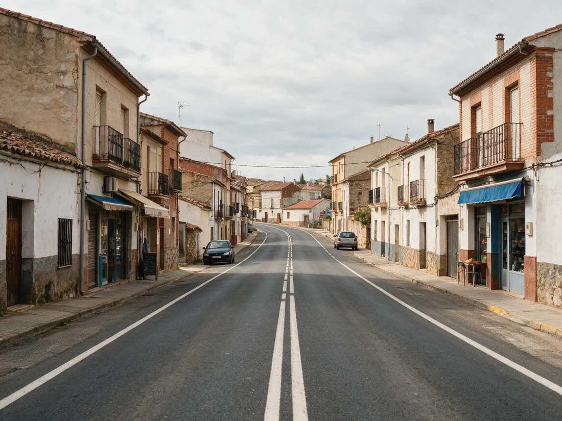 Carretera que atraviesa el casco de un pueblo, con edificios pegados a ambos lados de la calzada
