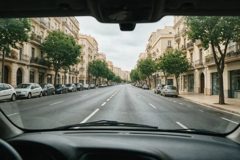 Avenida urbana vista desde el puesto del conductor, con dos carriles en su sentido separados por línea discontinua y coches estacionados a ambos lados