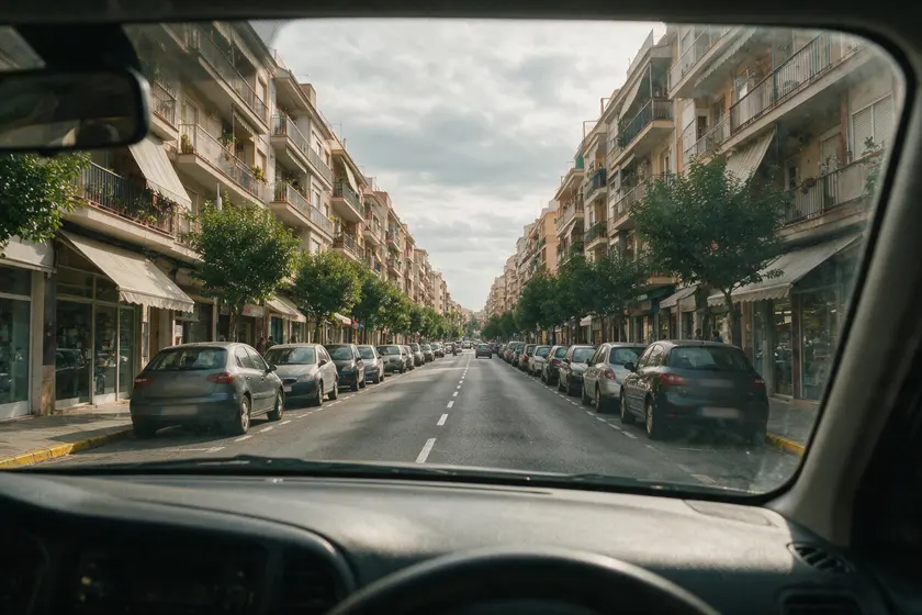 Calle urbana vista desde el puesto del conductor, con un único carril por sentido y coches estacionados a ambos lados