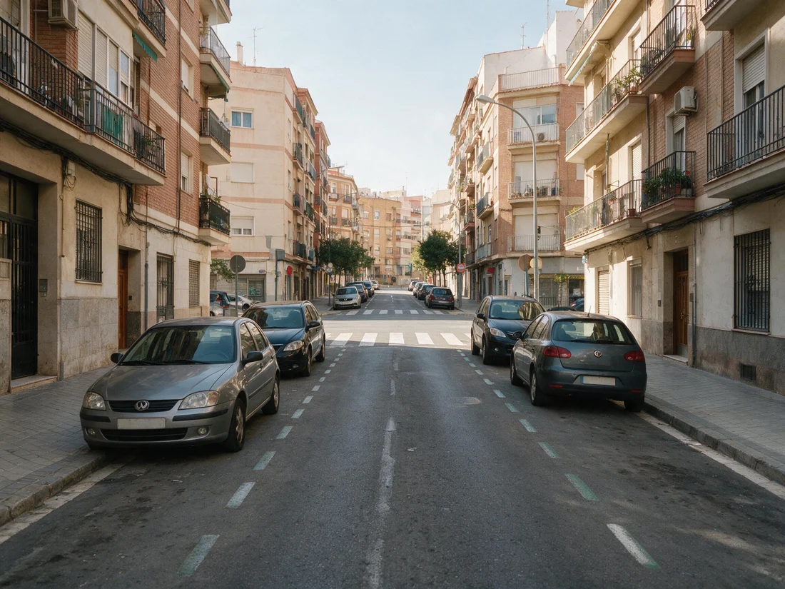 Calle de ciudad con aceras, coches aparcados y edificios de viviendas a ambos lados