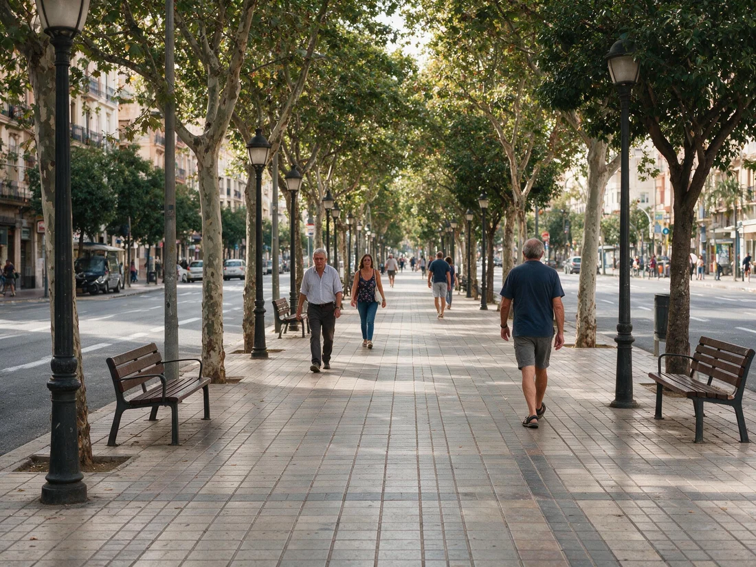 Acera ancha y paseo arbolado destinados exclusivamente al paso de peatones