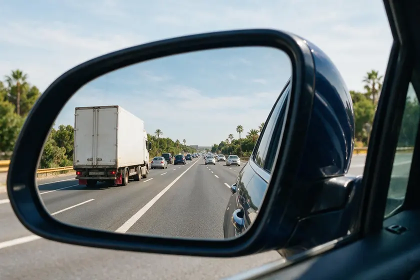 Vista a través del espejo retrovisor exterior izquierdo bien regulado, mostrando la calzada y un lateral del propio vehículo