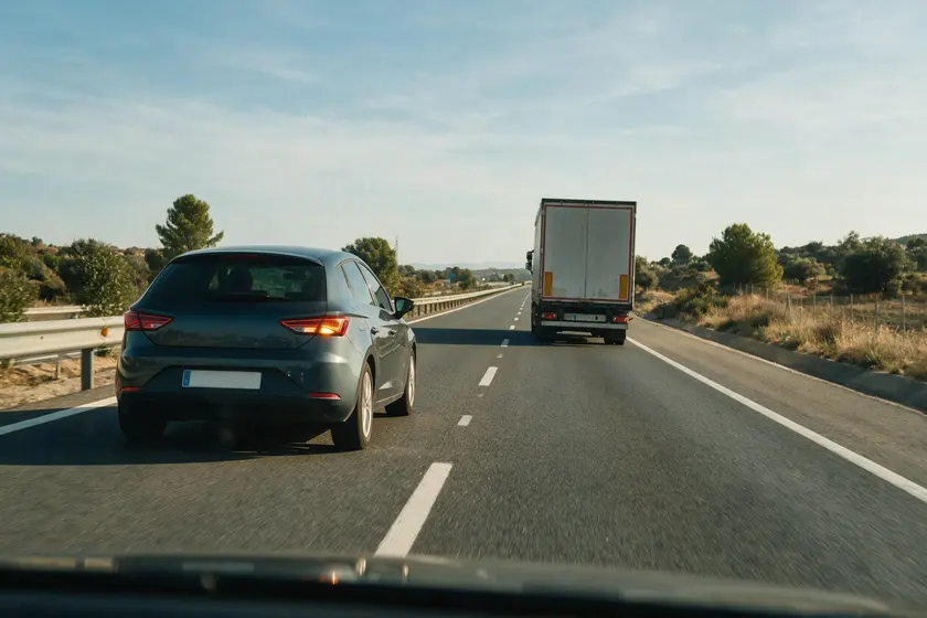 Coche volviendo a su carril tras adelantar a un camión con margen suficiente