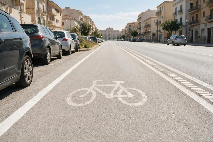 Carril con el pictograma blanco de una bicicleta pintado sobre el pavimento