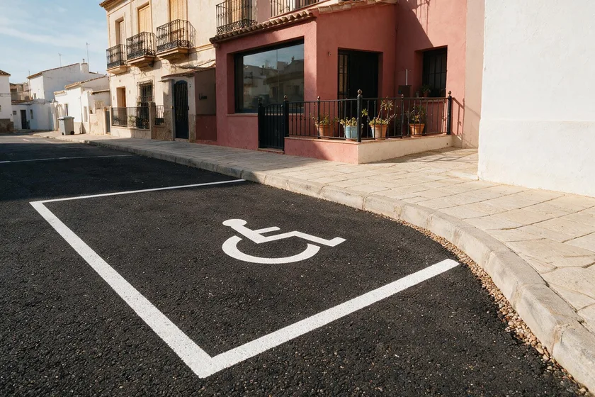 Plaza de estacionamiento con el símbolo de una silla de ruedas pintado en el suelo