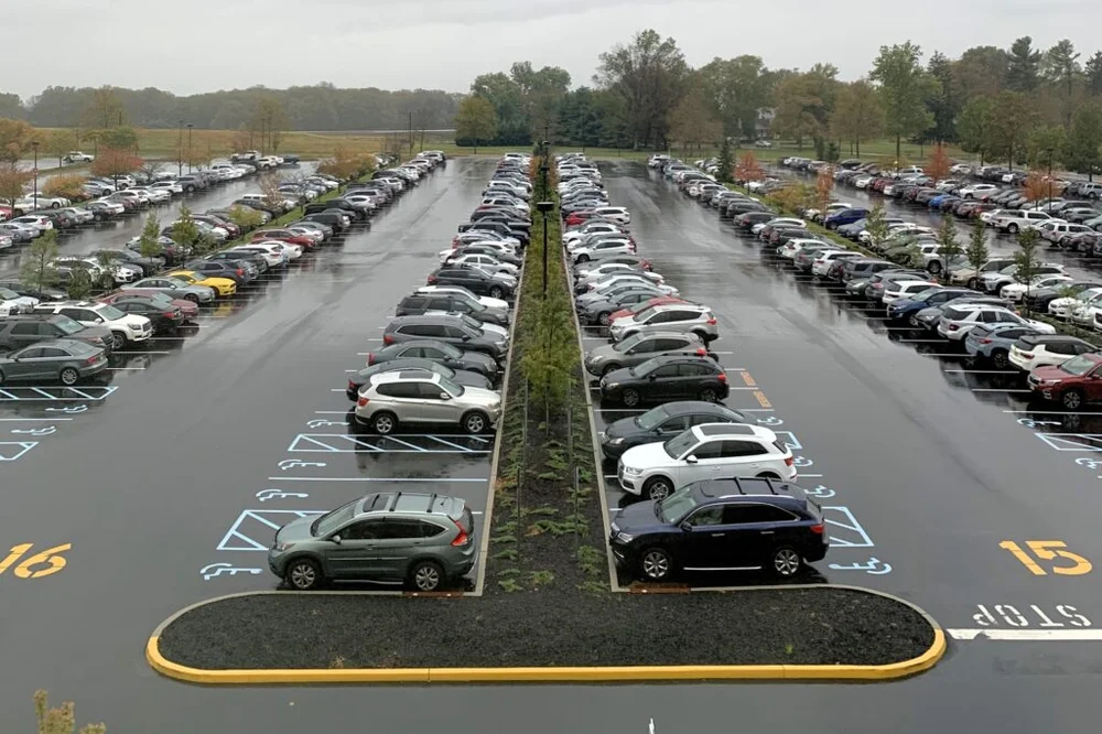 Plazas de estacionamiento delimitadas con líneas blancas perpendiculares al bordillo