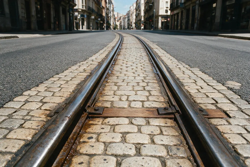 Fotografía de una calle con los raíles del tranvía embutidos en el pavimento
